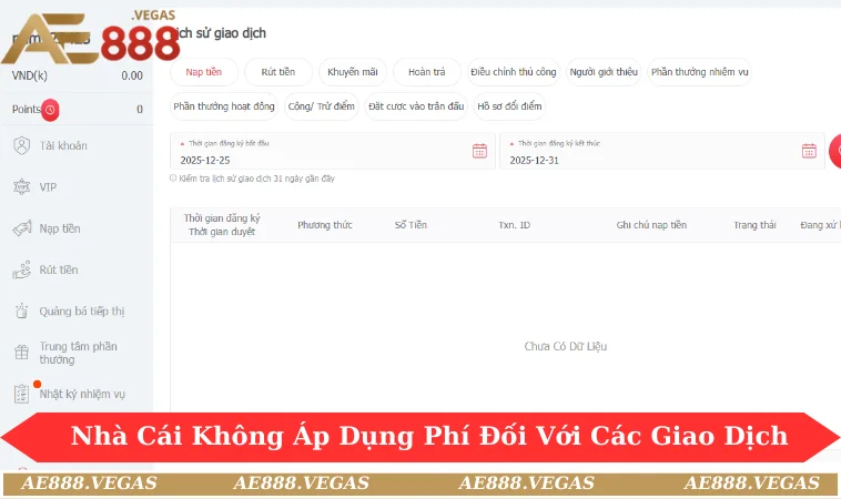 Nhà cái không áp dụng phí đối với các giao dịch